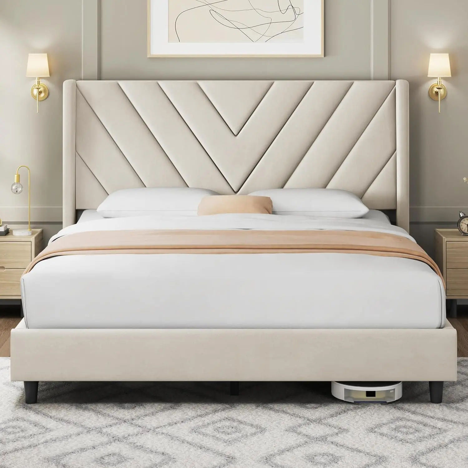[Limited time deal]BM-CZW  Queen Bed Frame Upholstered Platform Bed with Wing Side/Wooden Slat Support/Tufted Headboard with Wing Side/Mattress Foundation/No Box Spring Needed,Beige Queen Bed