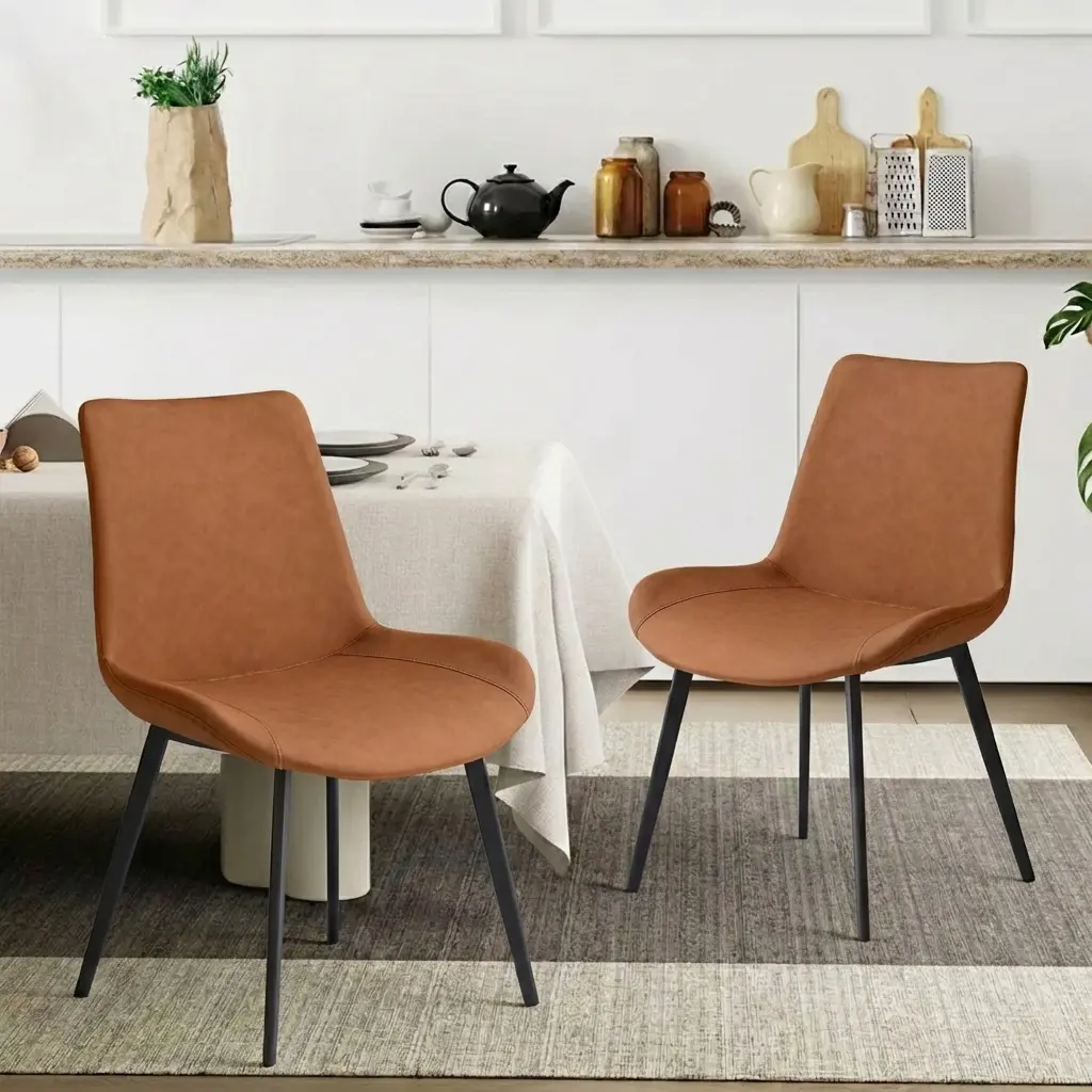 HIPIHOM Vintage Retro PU Leather Dining Chairs - Industrial, Fixed Back, Ergonomic Curved Backrest, Stable Carbon Steel Metal Legs, Durable, Wear-Resistant, Assembly Required, Versatile Aesthetic Home Kitchen Furniture (Cognac Brown, Set of 4), Dinner Par