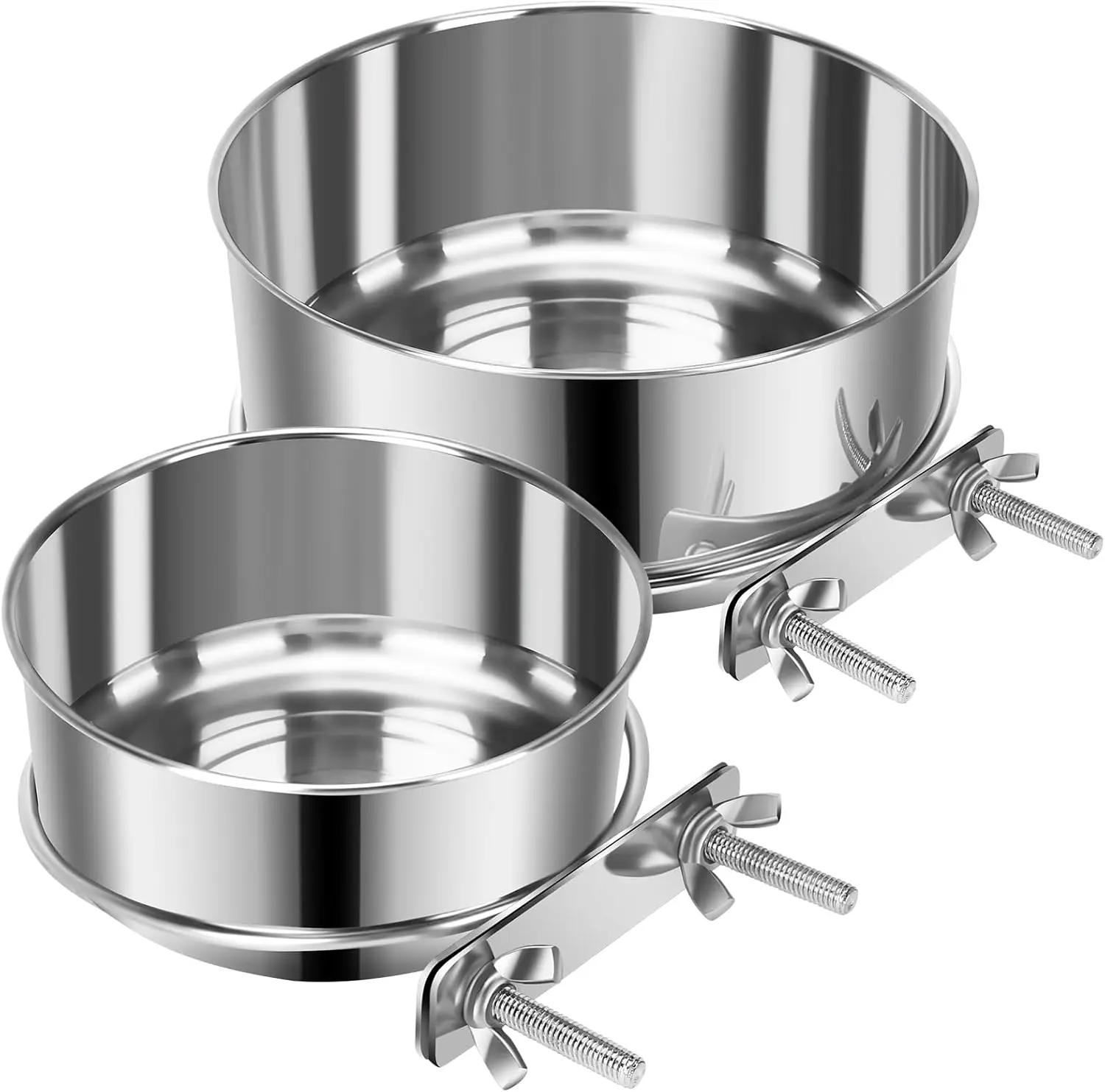 Stainless Steel 2-Piece Hanging Metal Round Feeder Bowls with Clamp Holder, Space-Saving Mess-Free Kennel/Crate Dishes for Small Dogs (4.7x1.9in, 3.9x1.7in), Feeder Bowl Bowls