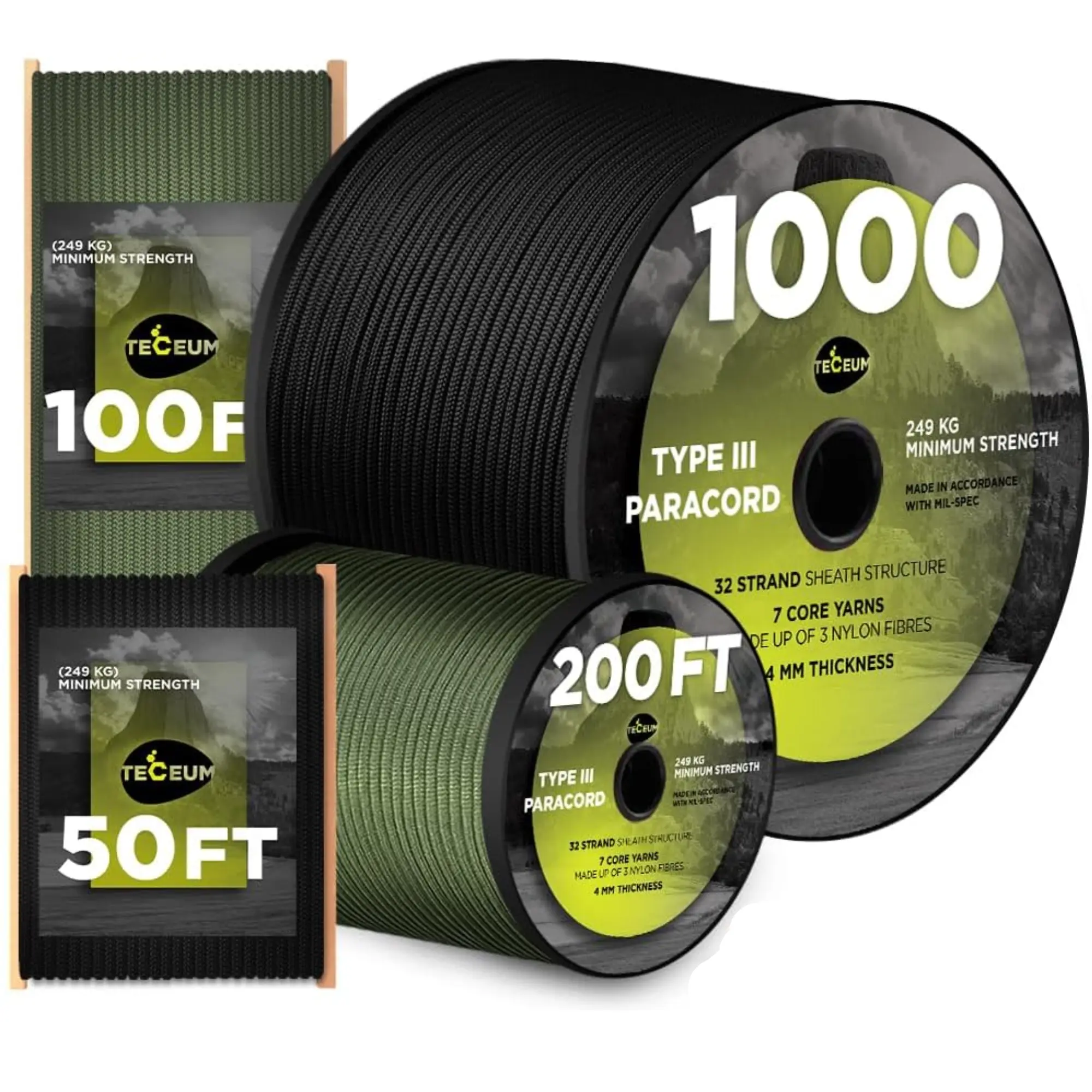 5/32" Paracord Rope 1000 – 1000ft / 200ft / 100ft / 50ft – Tactical Parachute Cord 4mm – 45+ Colors – Nylon String for Survival & Camping Gear – Stripe Cord for Survival – Utility Rope