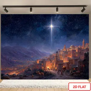 2D Flat, 1pc Extra Large 120x80 Inch Bethlehem Nativity Backdrop - Starry Night Holy City Scene with Camels, Middle Eastern Architecture - No Electricity Needed Christmas Church, Home, School Decorations - Durable Polyester Banner for Religious Events &