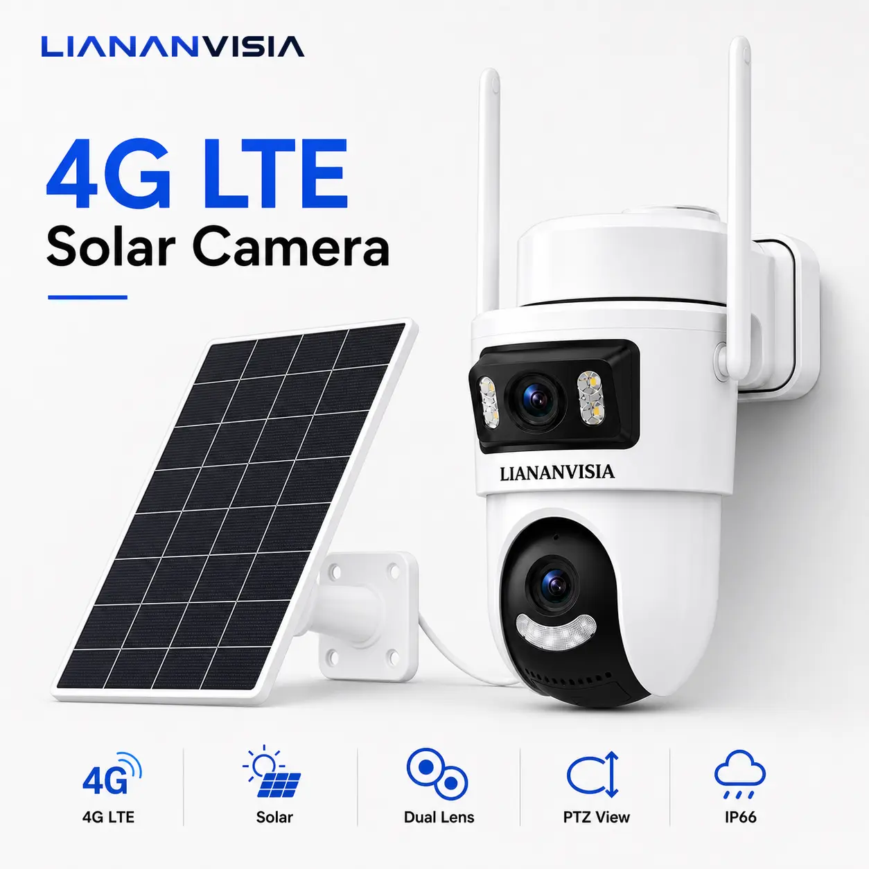 LIANANVISIA Outdoor 4G Cellular Solar Security Camera, Dual Lens Dual View, No WiFi Needed, Built-in SIM, 2K HD PTZ Camera, AI Human Detection, Auto Tracking, Color Night Vision, Two-Way Audio, Light & Siren Alarm, IP66 Weatherproof, Wireless