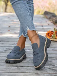 New Spring Autumn Pu Leather Loafers Large Size, Casual Matte British Style Women's Shoes, Thick Sole Vintage Retro Design, Comfortable Walking Footwear