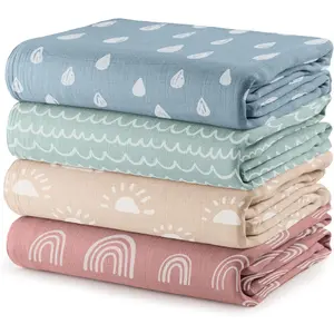 Muslin Swaddle Blankets Pack of 4, 47 x 47 Inches, Soft Cotton Baby Blanket Set, Large Multipurpose Swaddling Wraps for Newborns - Self-Soothing Swaddle - Sun, Rainbow, Rain, Doodle