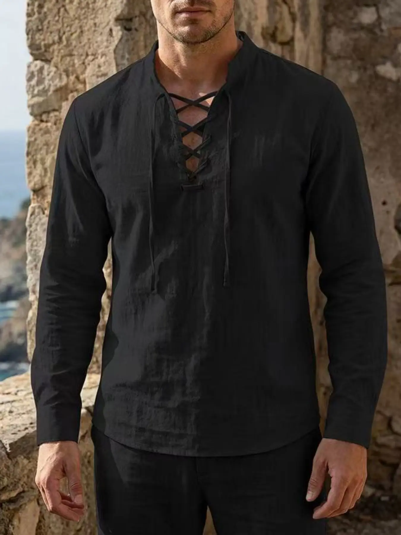 Spring and Autumn men's stand-up collar loose long-sleeved casual Classic Henley shirt, medieval retro linen drawstring T-shirt, Loose shirts, suitable for daily wear, vacation, outdoor sports, essential for men's wardrobes