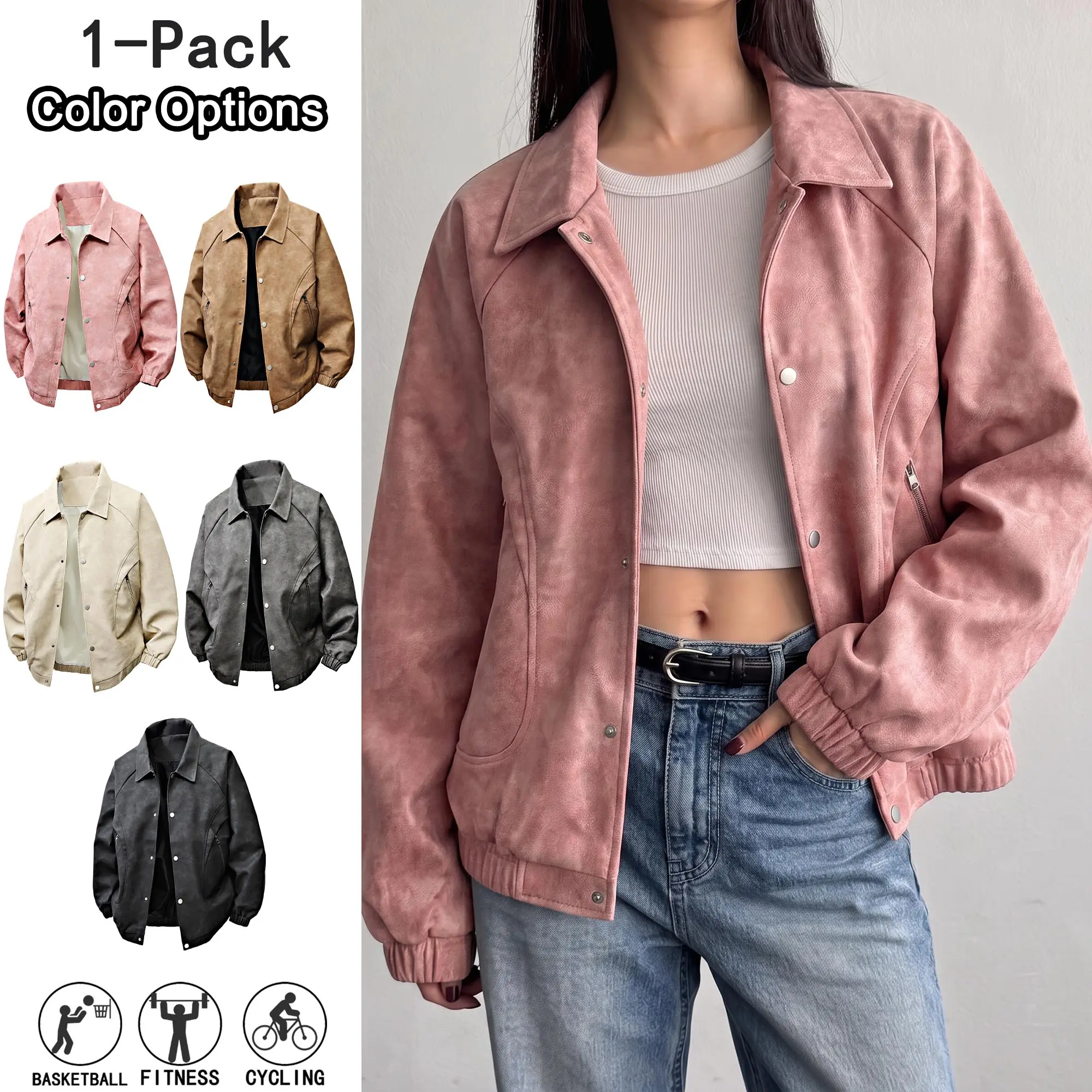 Women’s solid-color oversized leather jacket for spring and autumn, featuring a turn-down collar; casual, stylish, and versatile—suitable for outdoor sports, everyday wear, commuting to work, and street outings.