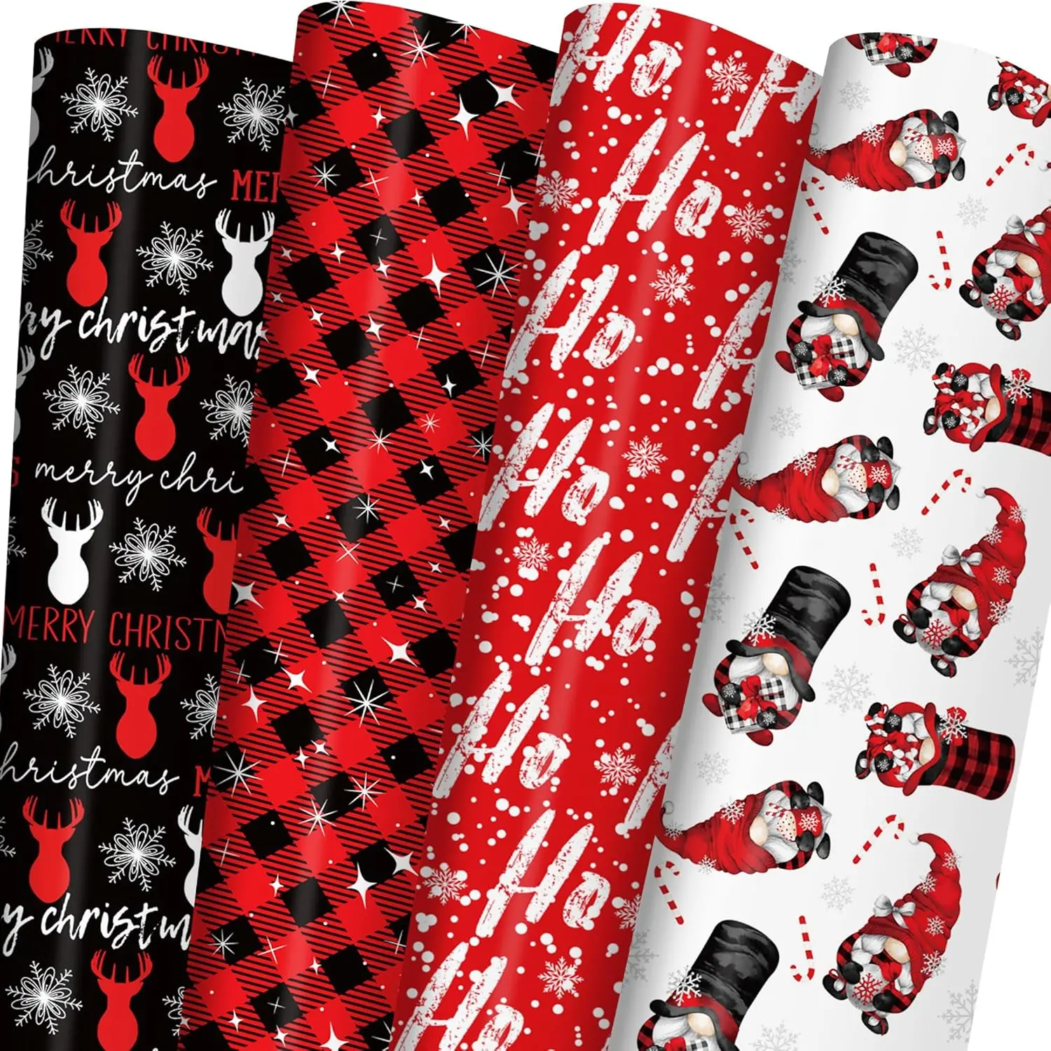 Christmas Wrapping Paper for  Adults - Xmas Wrapping Paper with Red/Black Plaid, Reindeer, , "Ho Ho" Words - 28 x 40 Inches, 6  Sheets, Easy to Store