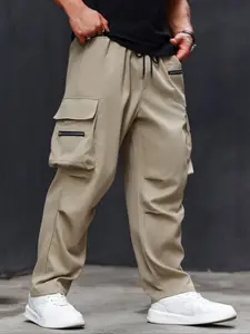 [Plus Size] Solid Casual Comfy Pocket Drawstring Waist Cargo Pants, Casual Street Zipper Design Trousers for Daily Wear, Men's Bottoms for All Seasons