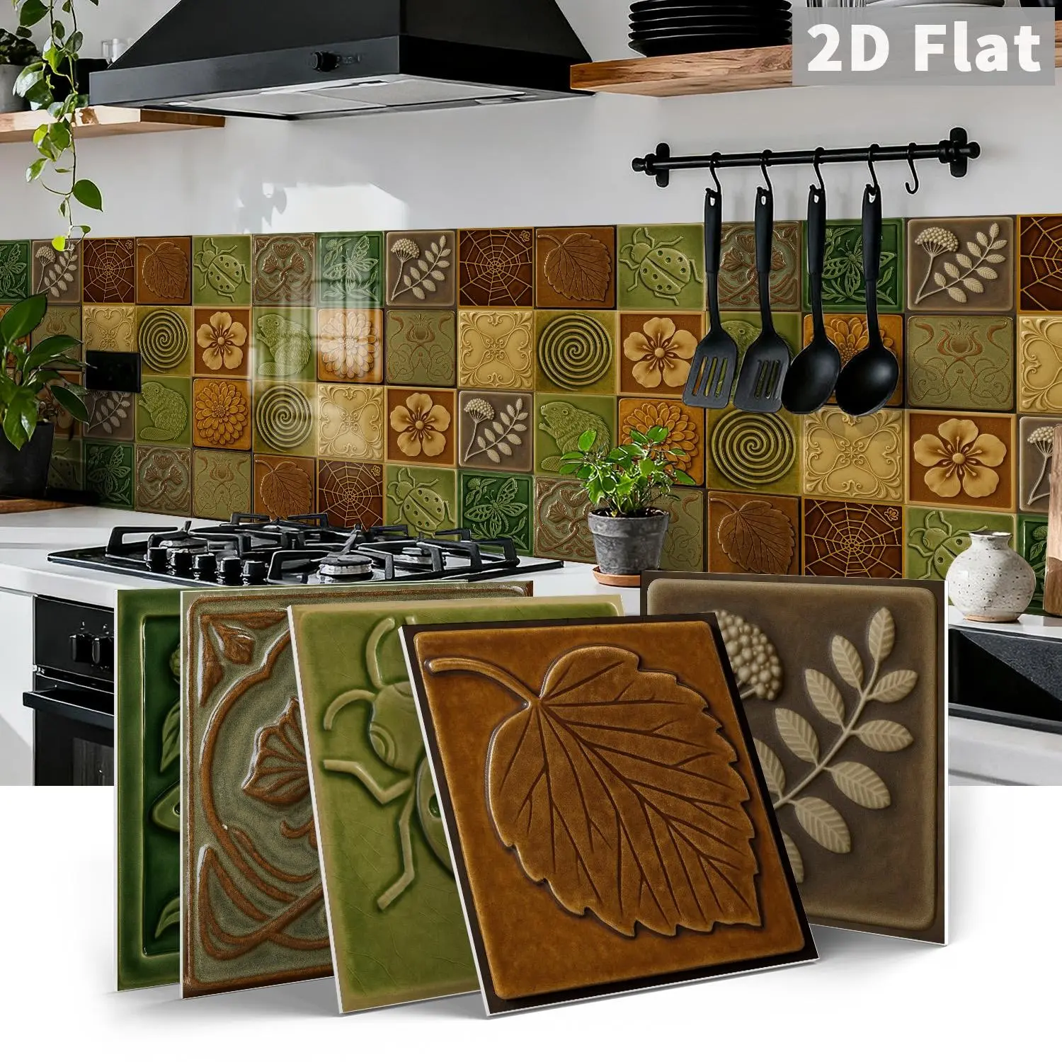 12/24 PCS per Gift Box | ART PE Crystal Tile Stickers, Wall Stickers, Adhesive Decals | Retro Earth Tone Embossed Nature Elements | Waterproof & Oil-Proof Self-Adhesive for Kitchen, Bathroom, Tiles & Old Wooden Surfaces | Home Decor