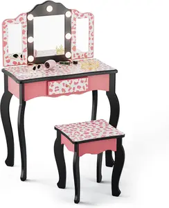 JOYMOR Kids Vanity Table and Chair Set, Girls Vanity with Leopard Print, Tri-Fold Mirror & Lights, Princess Makeup Desk for Girls, Pink