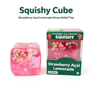 Squishy Cube Strawberry Açaí Lemonade Liquid Squish Fidget Toy, Clear Jelly Floating Fruit Charms Stress Relief Cube, Silent Pocket Sensory Anxiety Squishy, Novelty Desk Decor Gift Box Toy for Kids Teens Adults