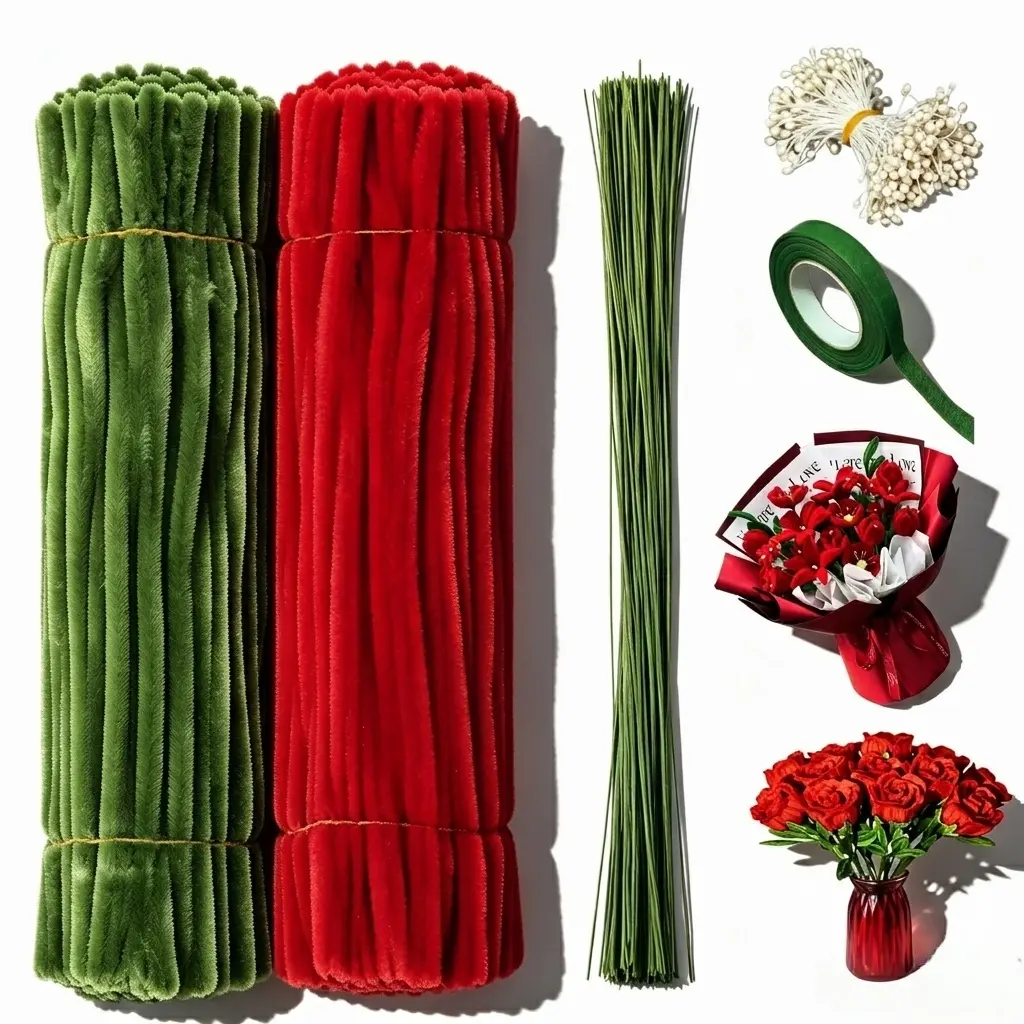 331 Thick Flower Stamen DIY Pipe Cleaner Craft Set - Decorative Flower Design Kit, 2 Color Box Packaging, Includes Floral Wire, Gardening Tape for DIY Floral Decoration (Red & Army Green Set)