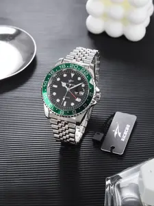 RICECGO men's quartz stainless steel wristwatch, green circle steel chain design, black dial date display, business and leisure style, precise timekeeping, Quartz Analog, showcasing exquisite taste