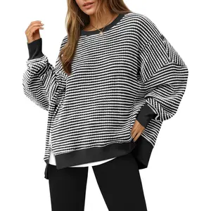 Imily Bela Women's Fall Oversized Sweatshirt Casual Waffle Knit Long Sleeve Crewneck Split Pullover Tunic Tops
