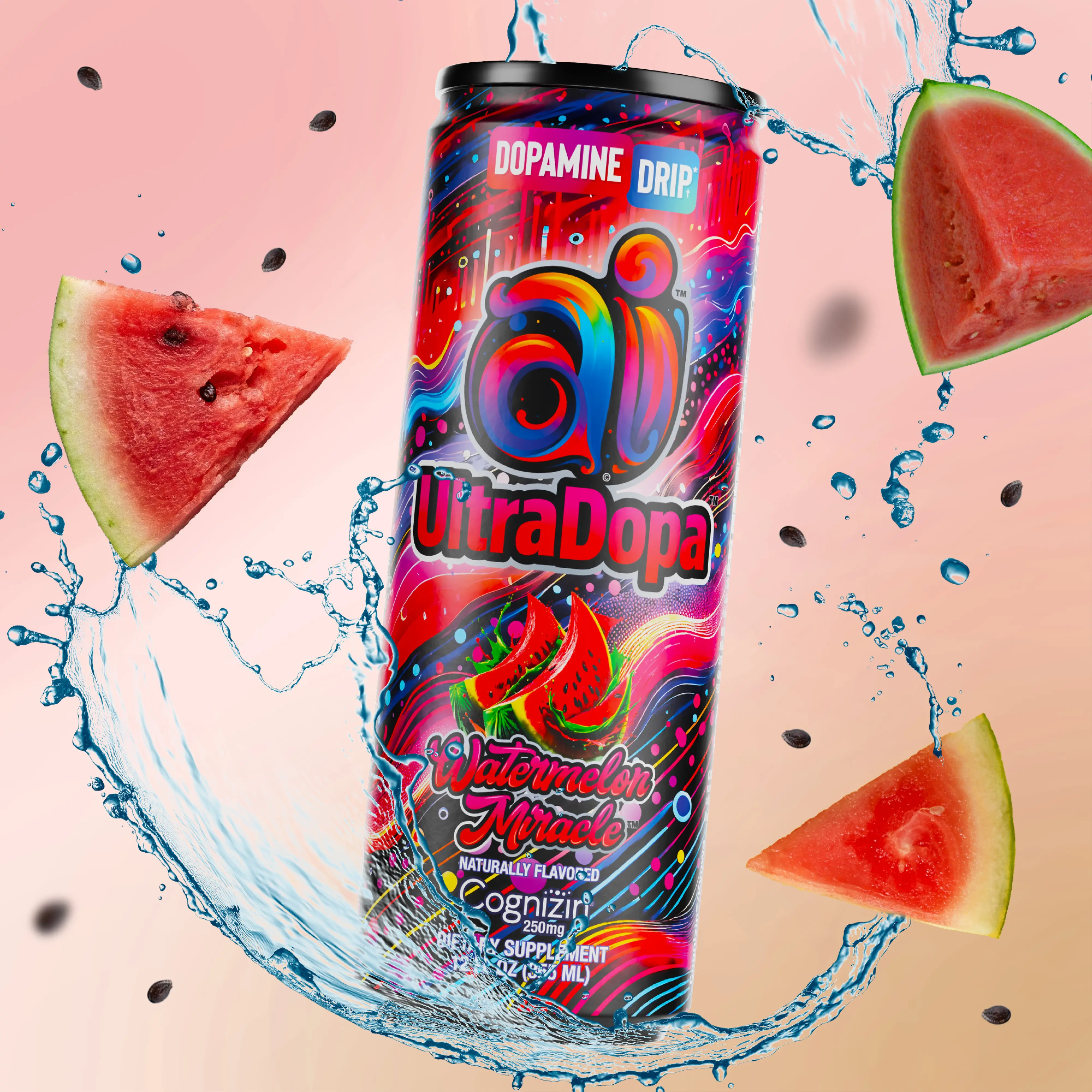 Ai UltraDopa Watermelon Miracle - Natural Energy Drink - Sugar Free, 225mg  Caffeine, Enhanced Mental Focus, 12 cans x 12 fl oz Beverage Sport