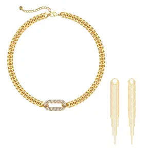 Tewiky 14K Gold-Plated 2PCS Half-Faceted Cuban Necklace and Cuban Tassel Earring Set, Elegant Design, Valentine's Day Gift, Suitable for Various Occasions