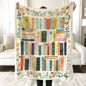 Vintage Library Blanket, Boho Wildflowers Bookish Quilt, Cottagecore Flower Book Gift, Retro Book Lover Gift For Reader Librarian Teacher, Man Women Gift