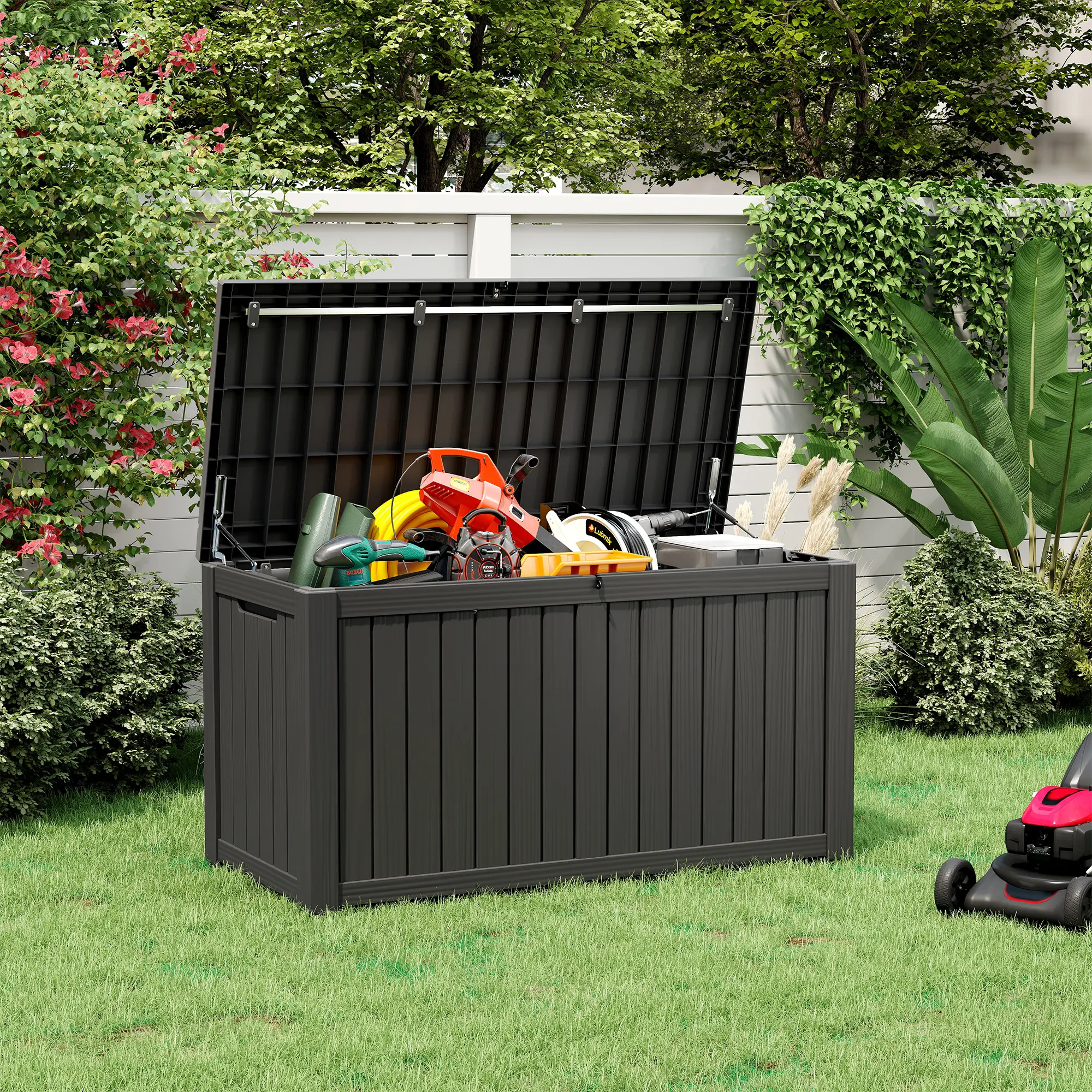 RIWENGO 100 Gal Waterproof UV-Resistant Resin Outdoor Storage Deck Box Bench, Lockable Woodgrain Lid, Dual-Zone Storage, Stable Steel Frame for Cushions, Garden Tools