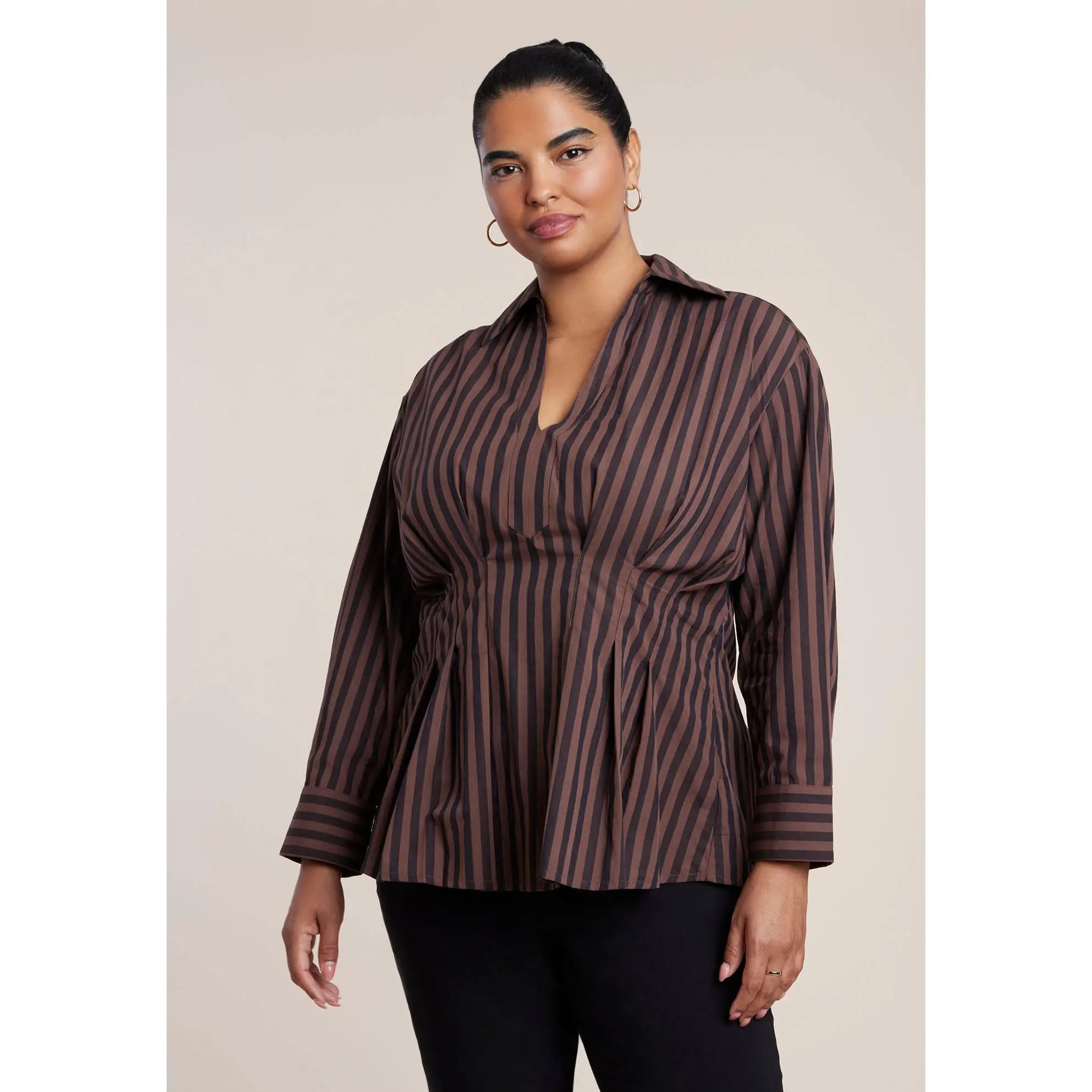 ELOQUII Women's Plus Size Pleated Striped Poplin Top