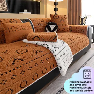 1PC Thickened Sherpa Chenille Sofa Cover, Boho Geometric Pattern Couch Cover, Couch Slipcover, Non-Slip Backing, Pet-Friendly Machine Washable Sofa Protector, Anti-Scratch Warm Furniture Protector for Dogs & Cats, Fits 1/2/3/4-Seater, Sectional, L-Shaped