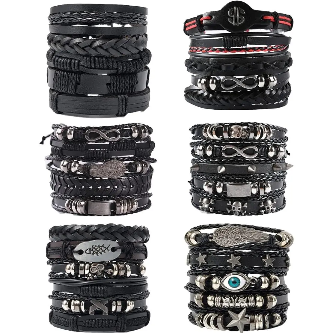 6-Pack Black Bracelets for Men, Handmade Punk Rock PU Leather, Adjustable Braided & Mixed Texture Cuffs with Music & Skull Charms, Mixed Texture Cuff, Adjustable Bracelets, Bracelet Design