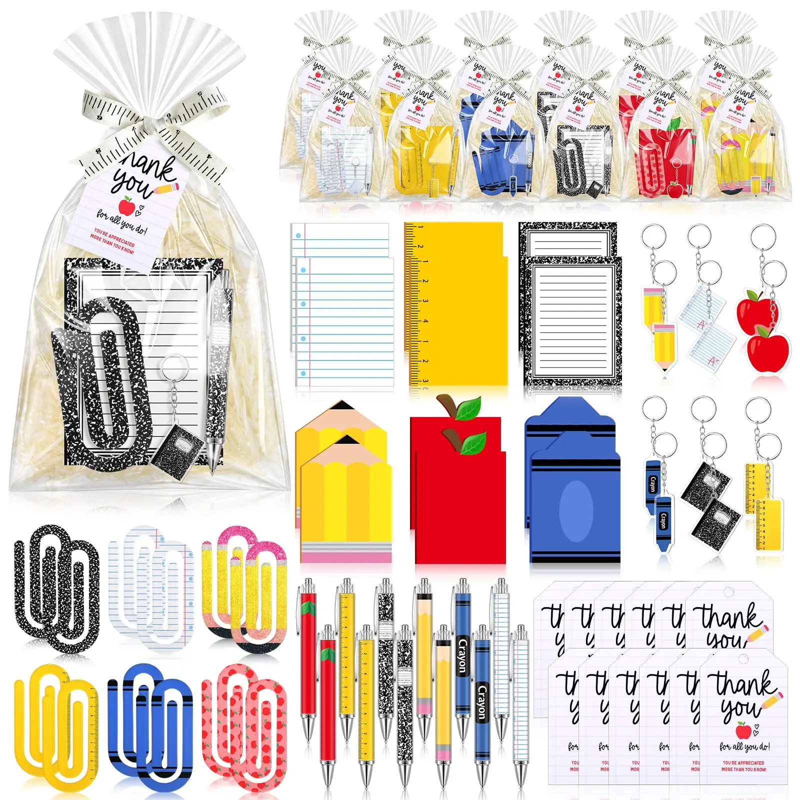 6/12 Pack Back to School Teacher Gift Bulk Welcome School Back Gifts include Sticky Notes Ballpoint Pen Keychains Acrylic Paper Clips, Teacher Survival Kit for Teachers Coworker Staff, Gift for Meet the Teacher Night First Day of School Recognition Awards