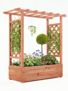 Gaomon Natural Wood Raised Garden Bed with Trellis Support - 43" x 17" x 45", Rustic Look, Side Supports, Canopy, 4 Drainage Holes, Ideal for Climbing Plants