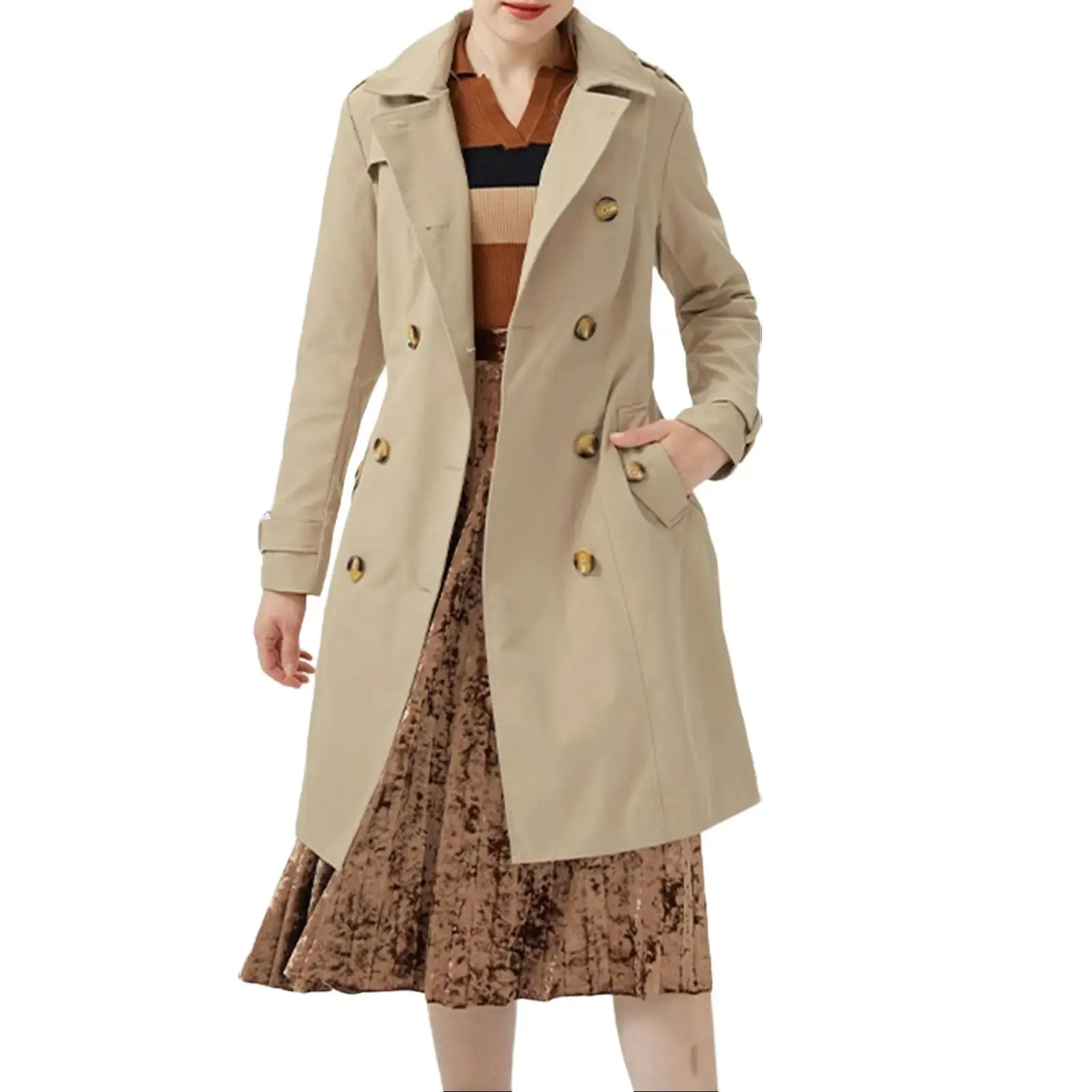 Orolay Women's Mid-Length Double-Breasted Lightweight Trench Coat with Belt, Classic Lapel Slim Overcoat for Spring and Autumn Womenswear Jackets Tops