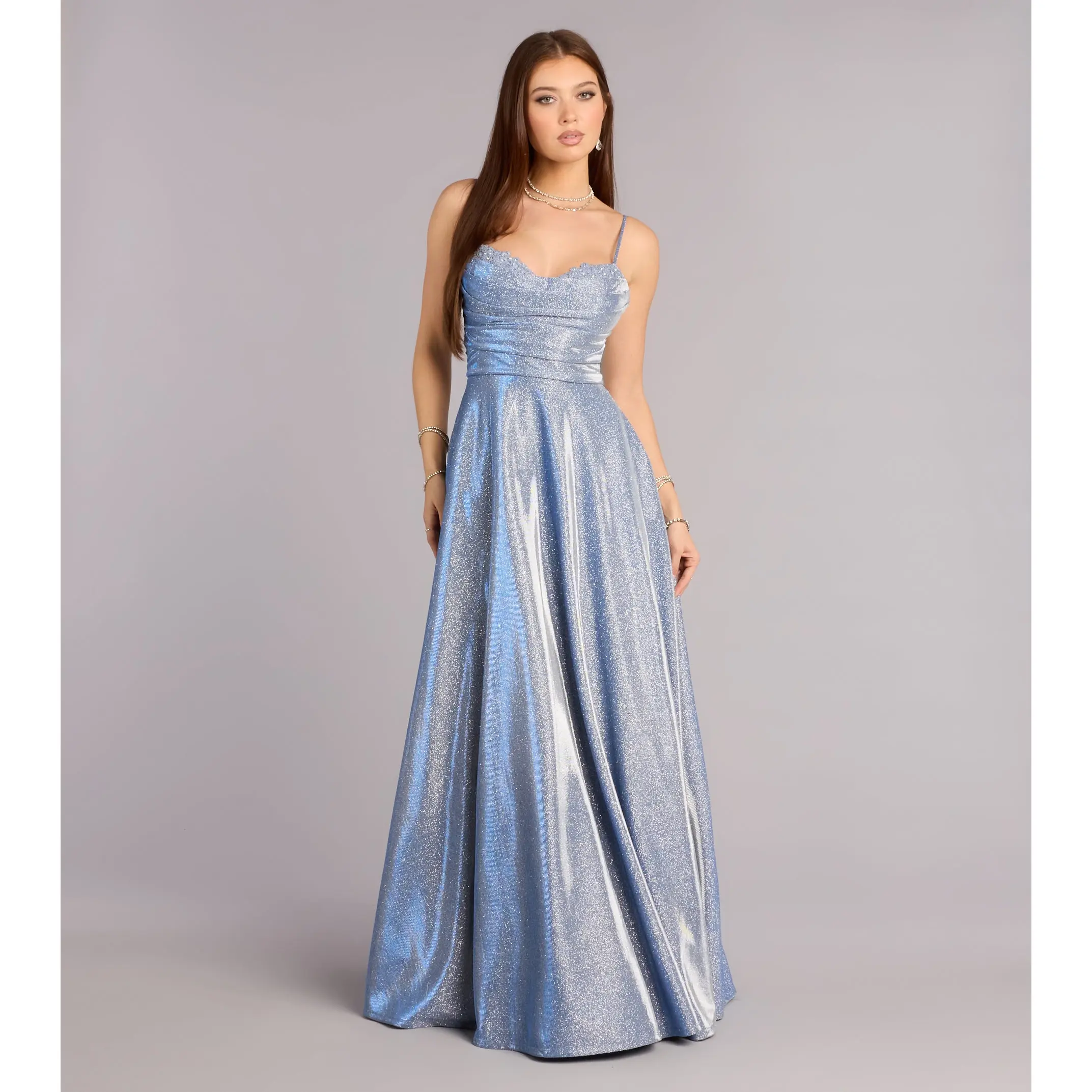 Skyler Floral Applique Glitter A-Line Gown