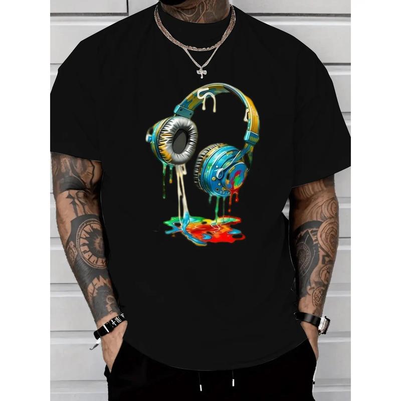 Headphone Graphic Tee with Dripping Color Effect, Merging Music Culture and Artistic Style, Perfect for Expressing Personal Taste, a Must - Have for Music Fans Golf Gift T-Shirt For Men and Women