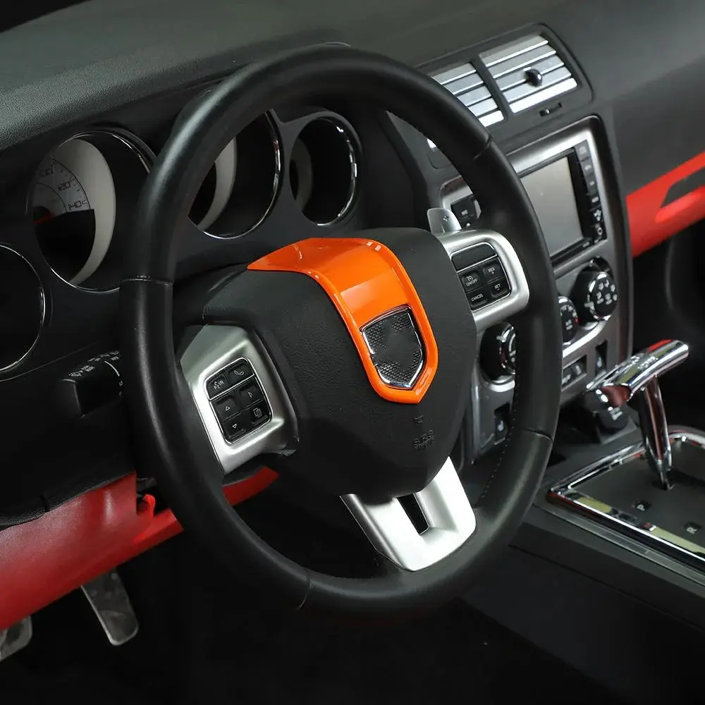 Custom ABS Automotive Steering Wheel Center Trim Cover Bezel - Self-Adhesive, Scratch-Proof, UV-Resistant, Laser-Cut Car Interior Sticker Accessory for Dodge Challenger/Charger/Durango 2009-2014 with Orange Detailing Decal and Vehicle Logo
