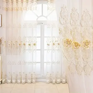 1pc Elegant Embroidered Breathable Home Decoration Curtain, Modern Design for Living Room and Bedroom, Floral Pattern, Polyester, Beaded Edges, Korean Style Drapes