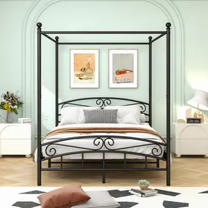 Queen Size Metal Canopy Bed Frame with Headboard and Footboard Black