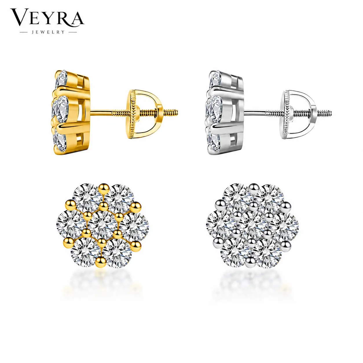 VY 18K Gold Plated Flower Moissanite Stud Earrings, S925 Sterling Silver Floral Earrings, Screw Back / Butterfly Back Jewelry Gift for Women Men, Birthday Mother’s Day Christmas Gift silver moissanite jewelry valentine anniversary gift