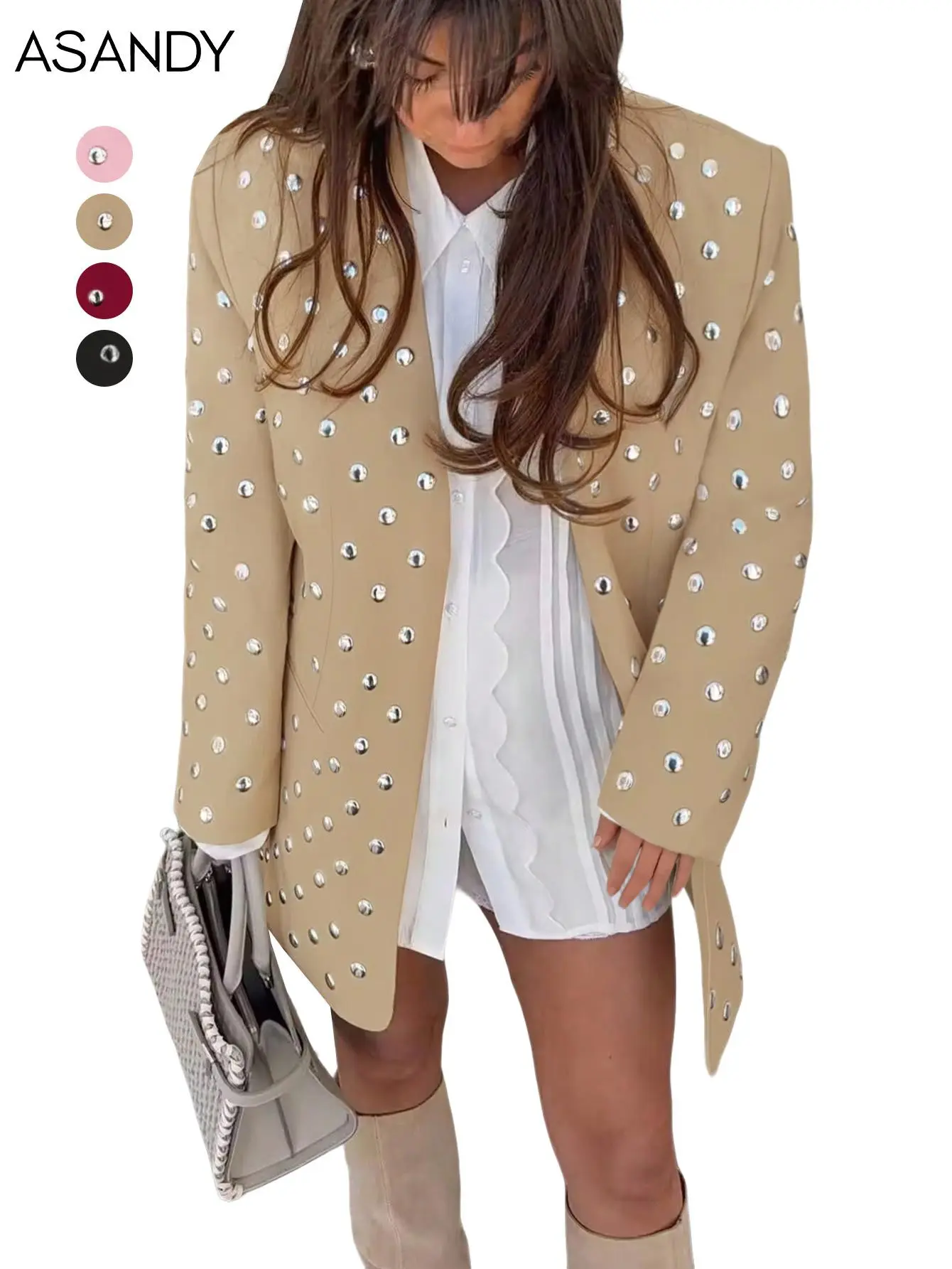 ASANDY Women's Oversized Studded Polyester Blazer Jacket - Long-Sleeve Lapel Collar, Rhinestone Embellished Streetwear, Casual Ootd, All-Season Elegant Outerwear for Festival, Party Outfits, Elevated Casual, Style