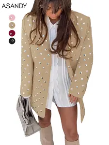 ASANDY Women's Oversized Studded Blazer Jacket - Long Sleeve Lapel Collar, Rhinestone Embellished, Elegance-Infused Outerwear for Lady Festival, Party Outfits with Stylish Statement Appeal,summervibes