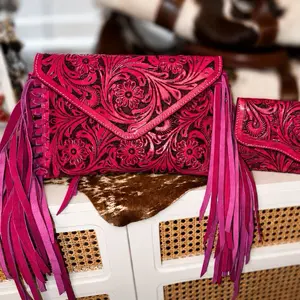 Genuine Hand-Tooled Leather Envelope Bag & Wallet Crossbody Set – Vibrant Pink