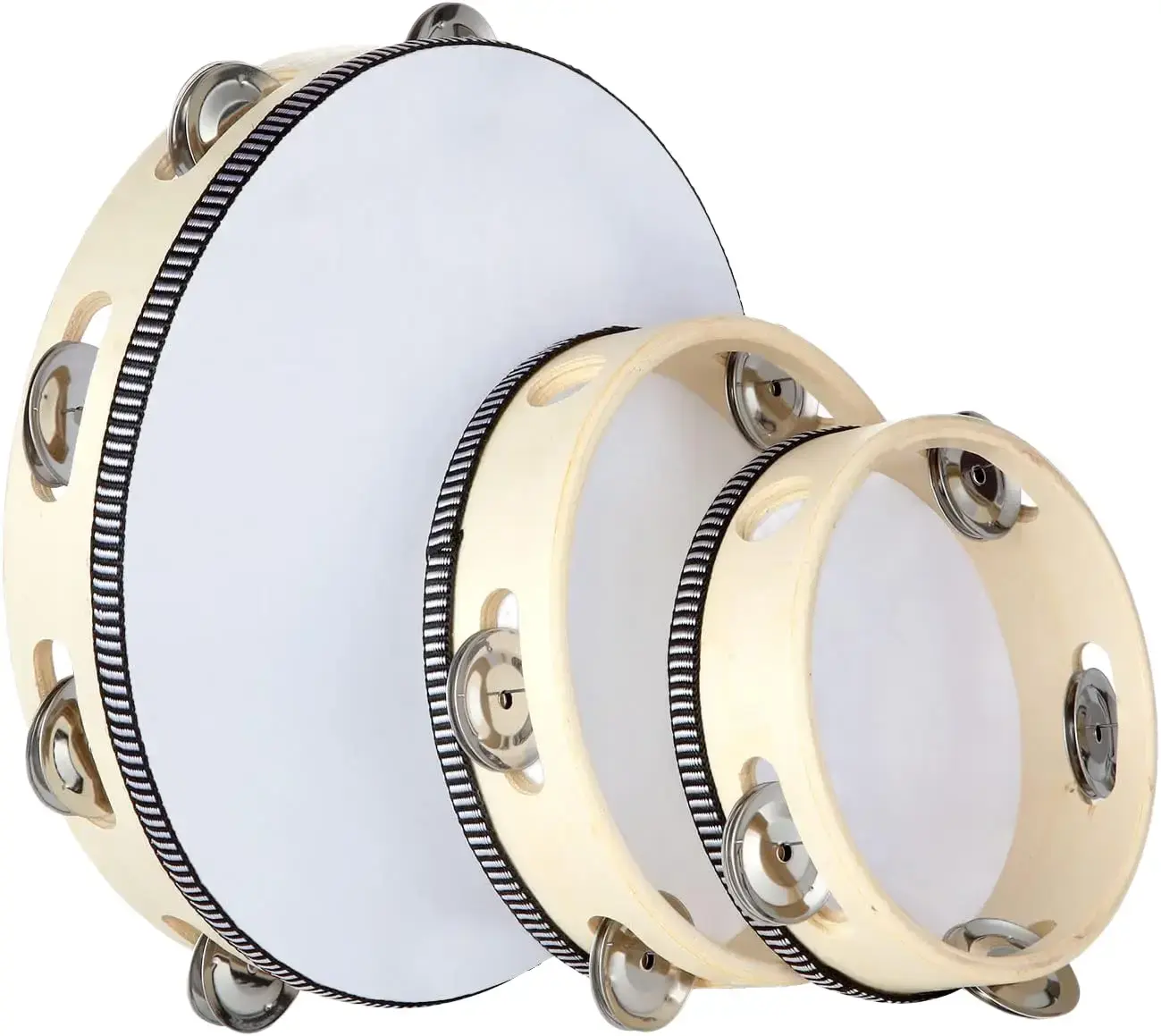 3PCS Handheld Tambourinel, 6”8”10”Wooden Tambourine Drum Percussion, Tambourine Musical Educational Metal Jingles Orff Instruments Accessories for Church KTV