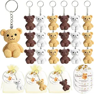 18 Sets Bear Party Favors Mini Bear Keychains with Gold Organza Bags Thank You Tags for Baby Shower Bear Theme Party Return Favors Goodie Bag Decor Classroom Rewards Supplies