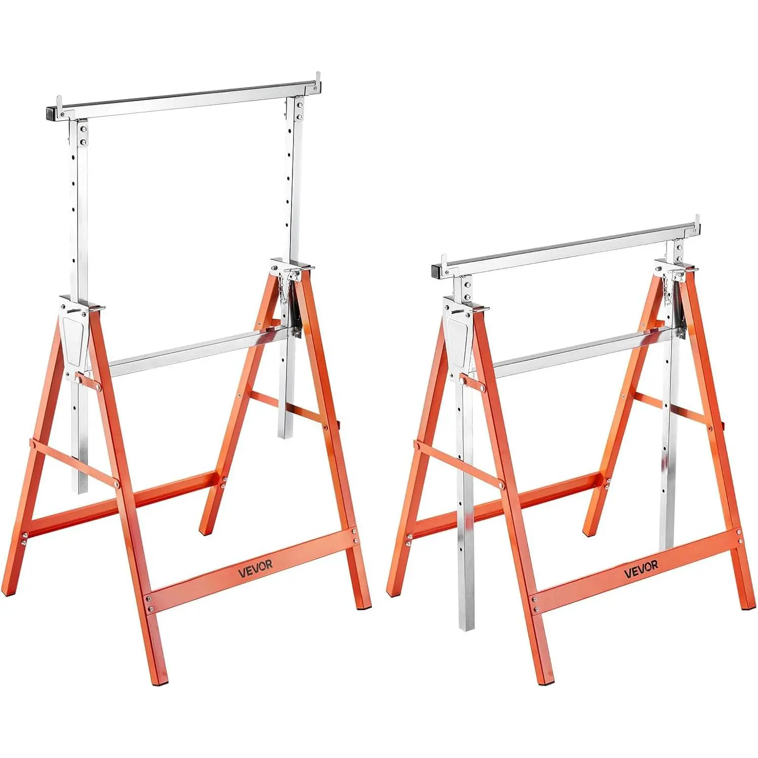 【Summerfinds】VEVOR Saw Horses, 2 Pack Folding Work Horses, 440 lbs Load Capacity Sawhorse with Heavy Duty Legs, Adjustable Height Saw Horse with Non-Slip Foot Pads, for Woodworking, Carpenters & Contractors, Cutting, Steel