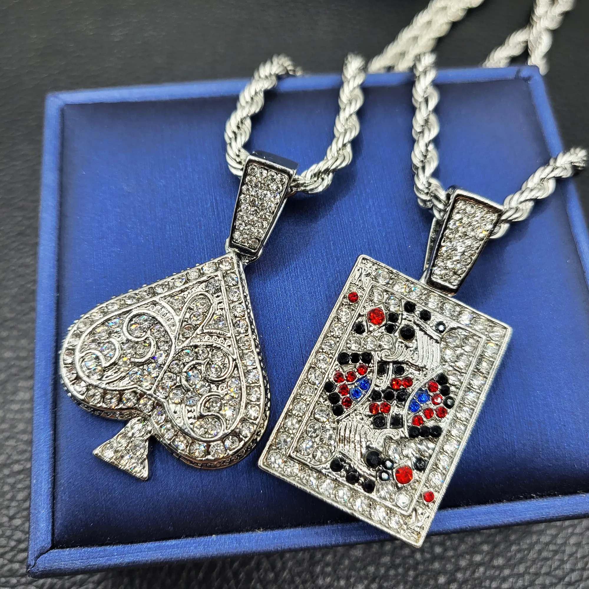 MaxBling81 2-Piece Necklace Gold Set, Unisex Iced Out Jewelry with Cubic Zirconia Poker Card & Spade Pendants, 24" Rope Chain, Casual Wear, Everyday, Two-Pieces