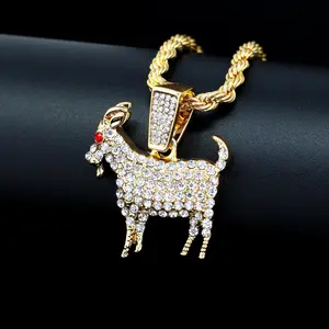 MaxBling81 30x30mm Gold Goat Animal Pendant, Whimsical Necklace with 4mm Rope Chain (18in, 20in, 24in) - Hip Hop Cubic Zirconia Sparkling Piece for Daily Wear, Halloween Gift, Gold Pendant