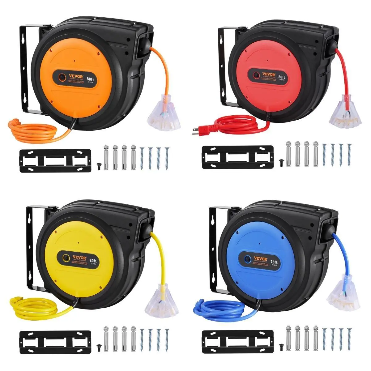 【summerfinds】VEVOR Retractable Extension Cord Reel - 80FT Heavy Wire, 12/14/16 AWG/3C SJTOW Heavy Duty Power Cord, Lighted Triple Tap Outlets, 10/13/15A Circuit Breaker, 180° Swivel Bracket for Workshop, Garage, Outdoor, Cable-Wired Cord Reels