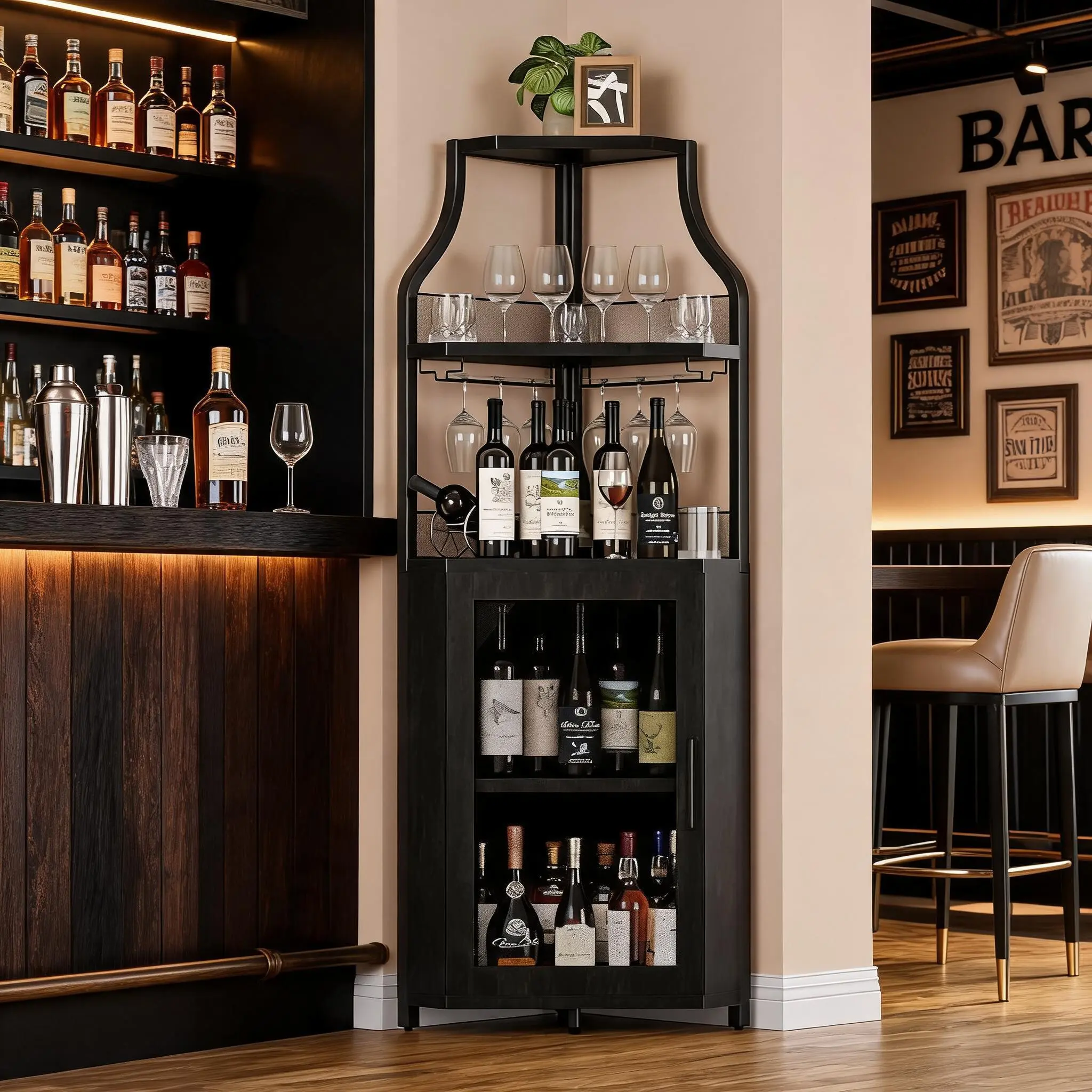 home 5-Tier Industrial Corner Bar Cabinet with Barn Door and Glass Holder, Farmhouse Buffet Cabinet and Home Bar