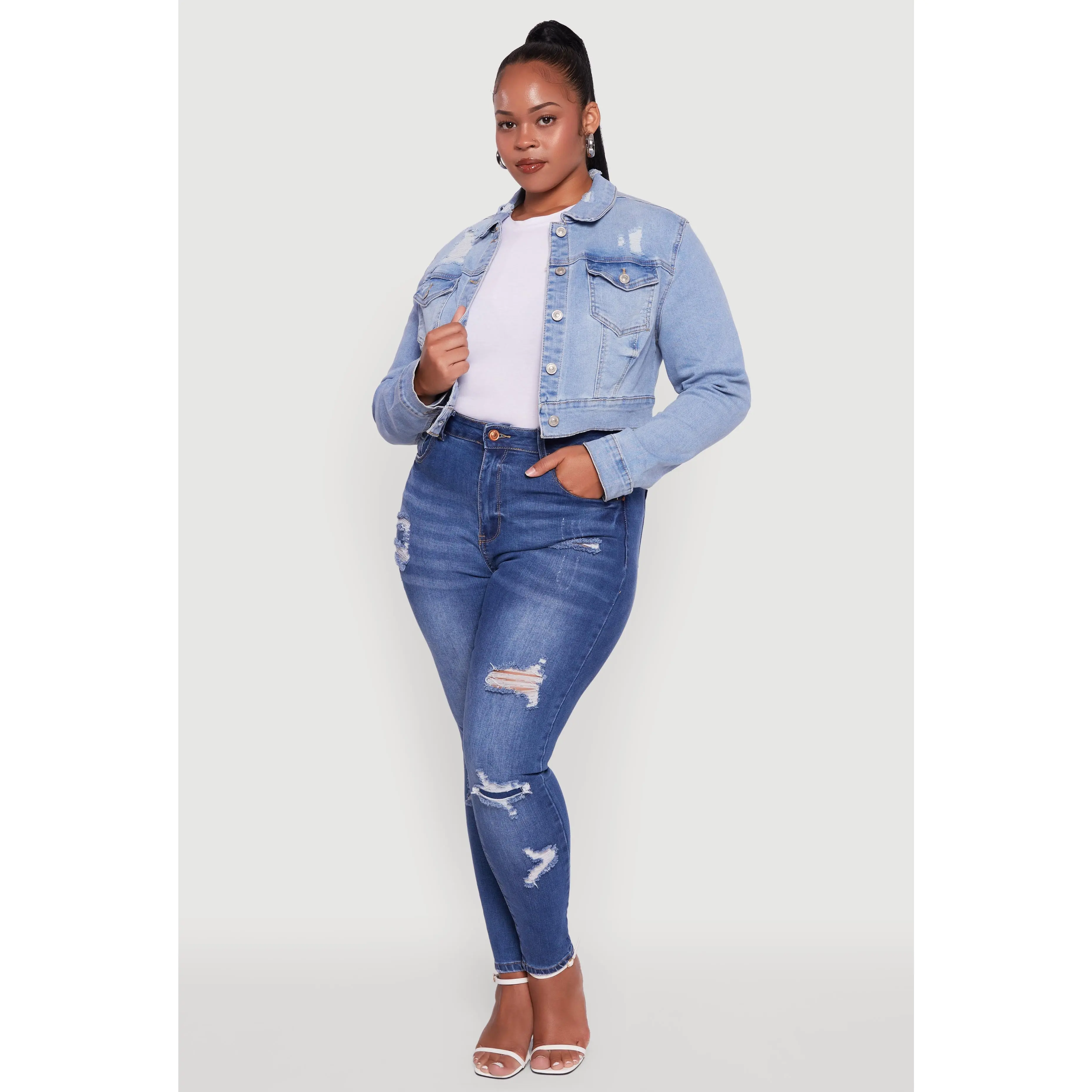 Plus Size Cropped Distressed Button Front Jean Jacket