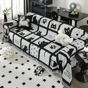 【MeridianHome】 Cute Cat Pattern Sofa Cover Cream Colored Dustproof Wrinkle Free Full Coverage Pet Friendly Minimalist Sofa Slipcover for All Seasons