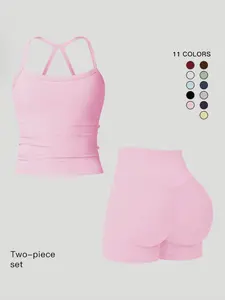 Women's Sporty Quick-Dry Two-piece Set, Solid Backless Cami Top & High Waist Tummy Control Butt-Lifting Shorts Tracksuit Set, Sleeveless Spaghetti Strap Crop Top & Skinny Shorts, for Running, Yoga Gym Outfits, Sports Fitness Wear, Summer Athletic Wear