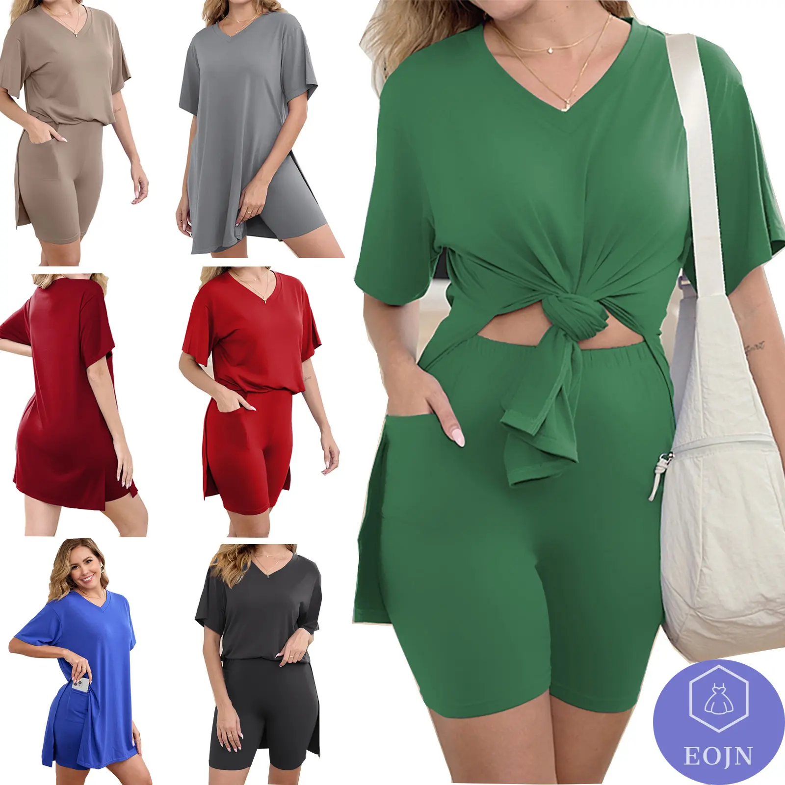EOJN 2026 New Women's Plus Size Two Pieces Outfits, Short Sleeve Tunic Tops and Skinny Biker Shorts Sets Bodycon Tracksuits Womenswear,Comfort Short&Top Sets for Summers and Spring Breathable