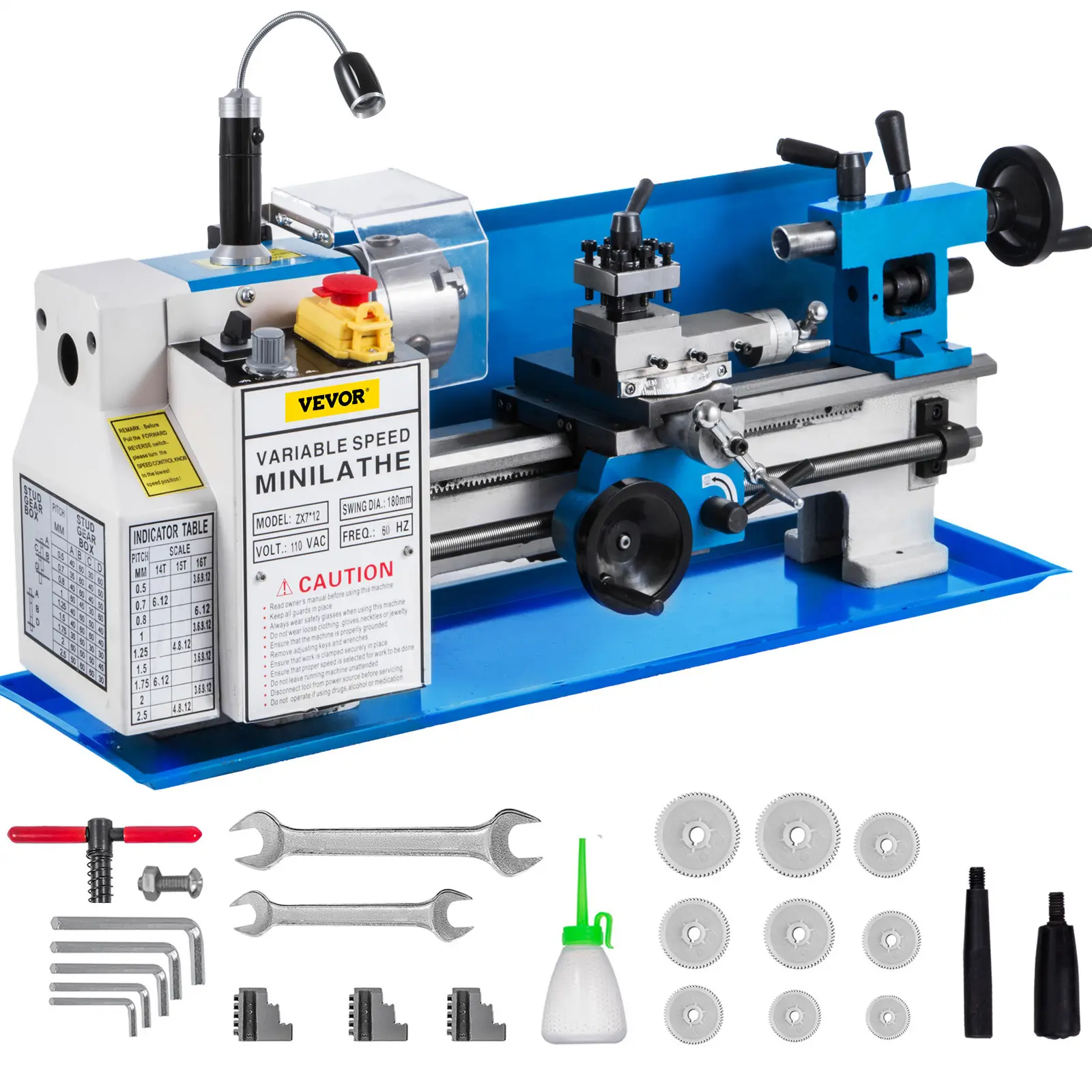 VEVOR Metal Lathe 7"x12", Precision Bench Top Mini Metal Lathe 550W, Metal Lathe Variable Speed 50-2500 RPM Nylon Gear With A Movable Lamp for Precision Parts Processing