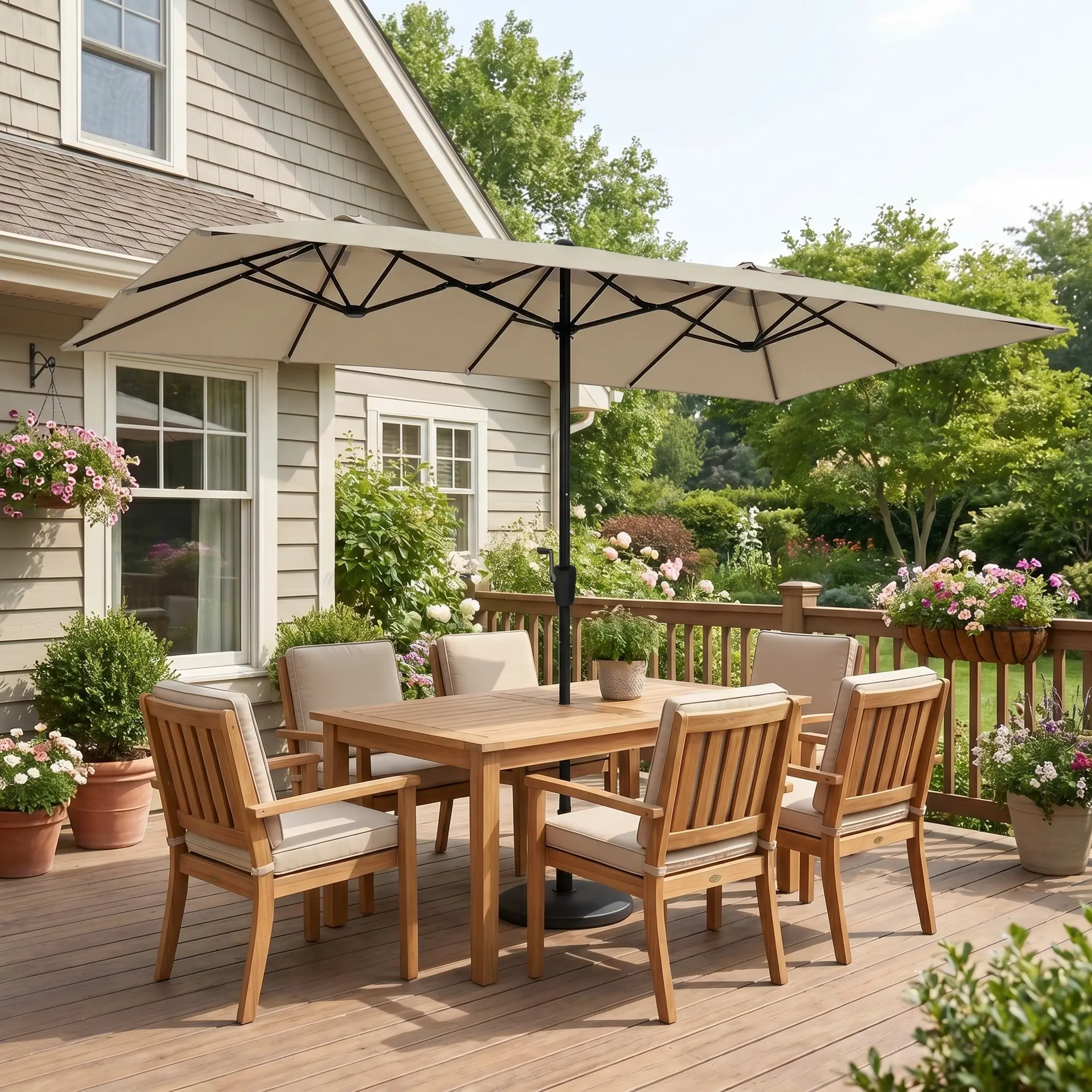 15ft Large Outdoor Rectangular Patio Umbrella, Double Sided Outdoor Shade Umbrella with Crank Handle Adjustable Sun Canopy